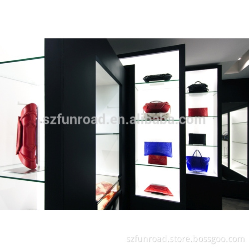 Customized LED lighted wooden display counters with tempered glass shelves